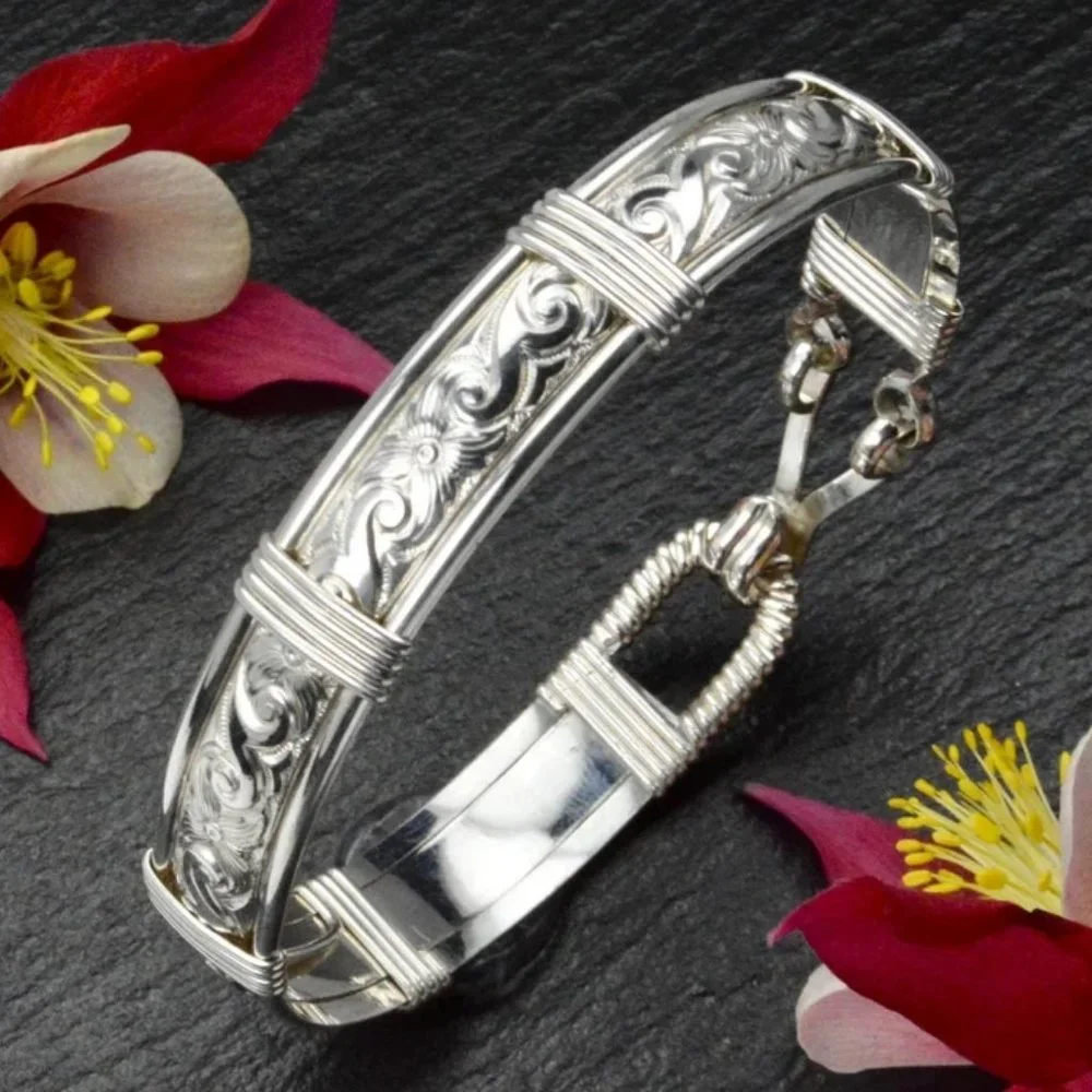 Handmade Sterling Silver Waves & Flowers Patterned Wire Wrapped Bracelet - Silve - Picture 2 of 3